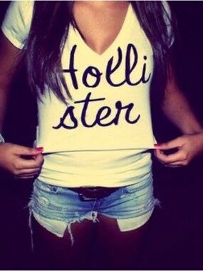 Hollister Women's White V-Neck Tee with Black Script